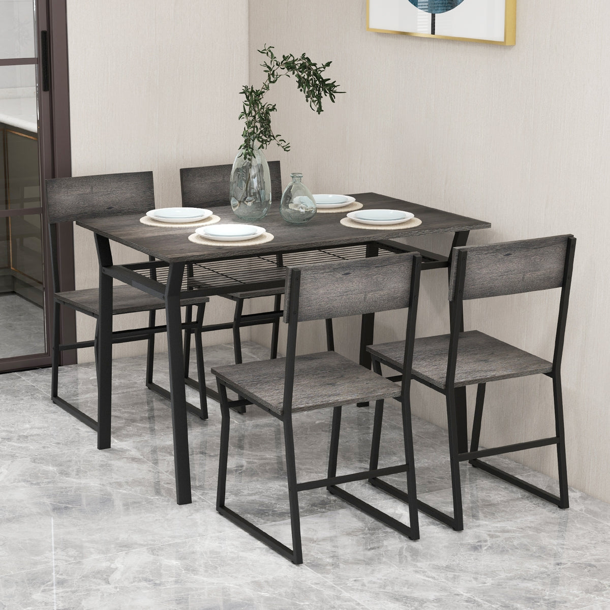 5 Piece Dining Table Set, Storage Rack, Metal Frame, Gray Dining Room Sets at Gallery Canada