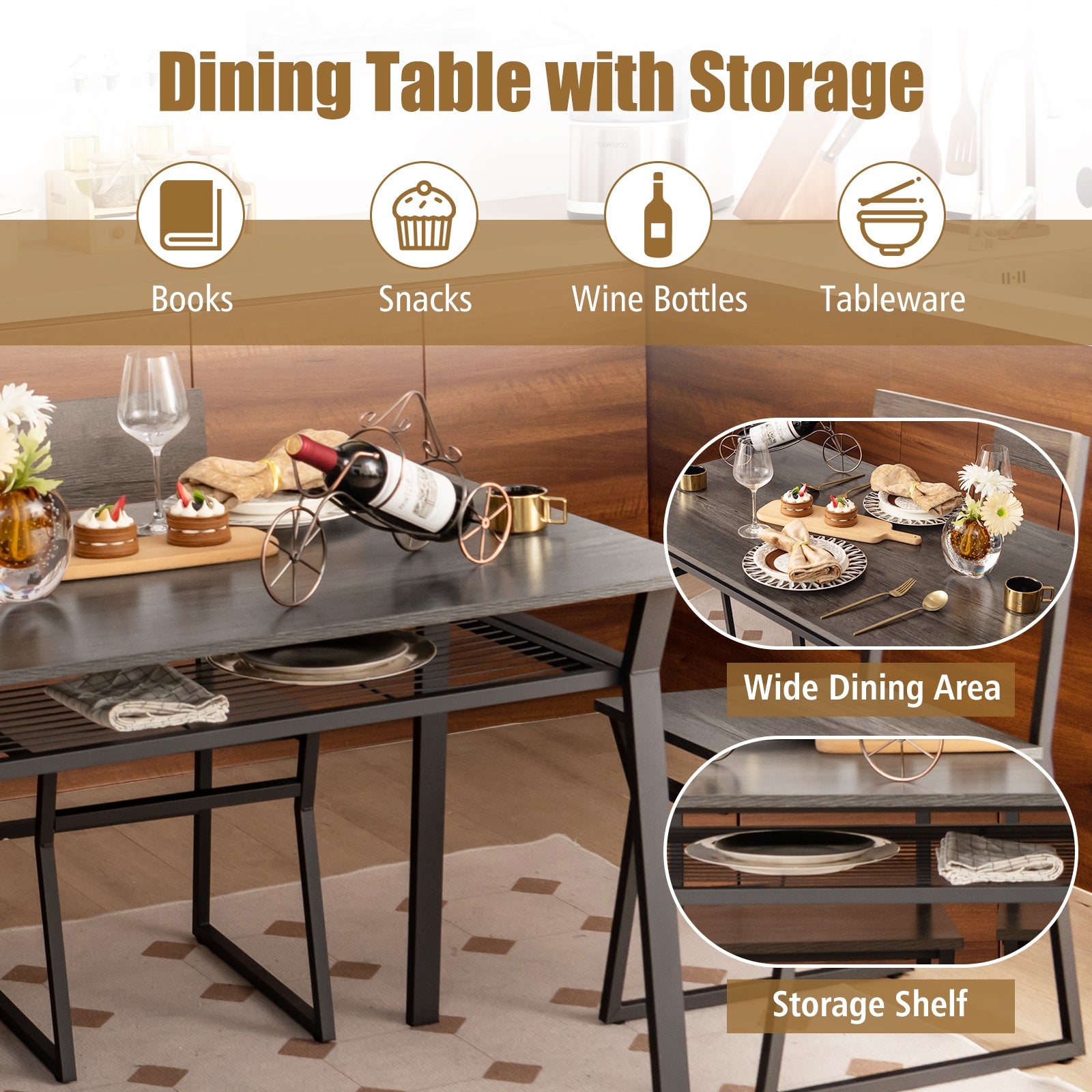 5 Piece Dining Table Set, Storage Rack, Metal Frame, Gray Dining Room Sets at Gallery Canada