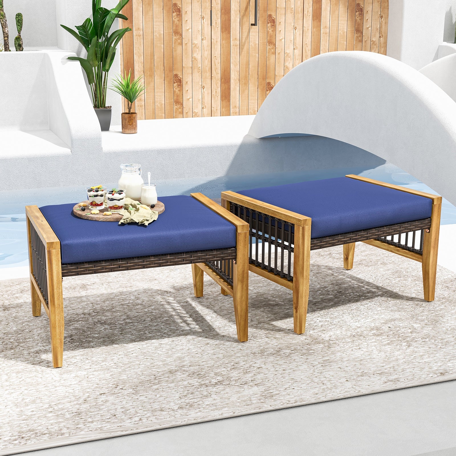 Acacia Wood Ottoman With Cushions, Rattan Woven Footstool, Navy Ottomans at Gallery Canada