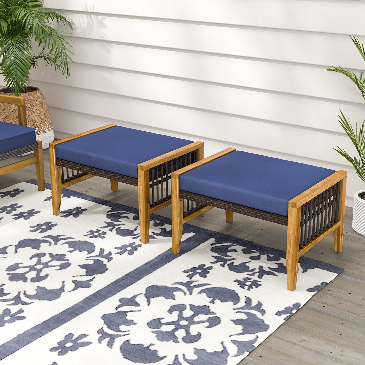 Acacia Wood Ottoman With Cushions, Rattan Woven Footstool, Navy Ottomans at Gallery Canada