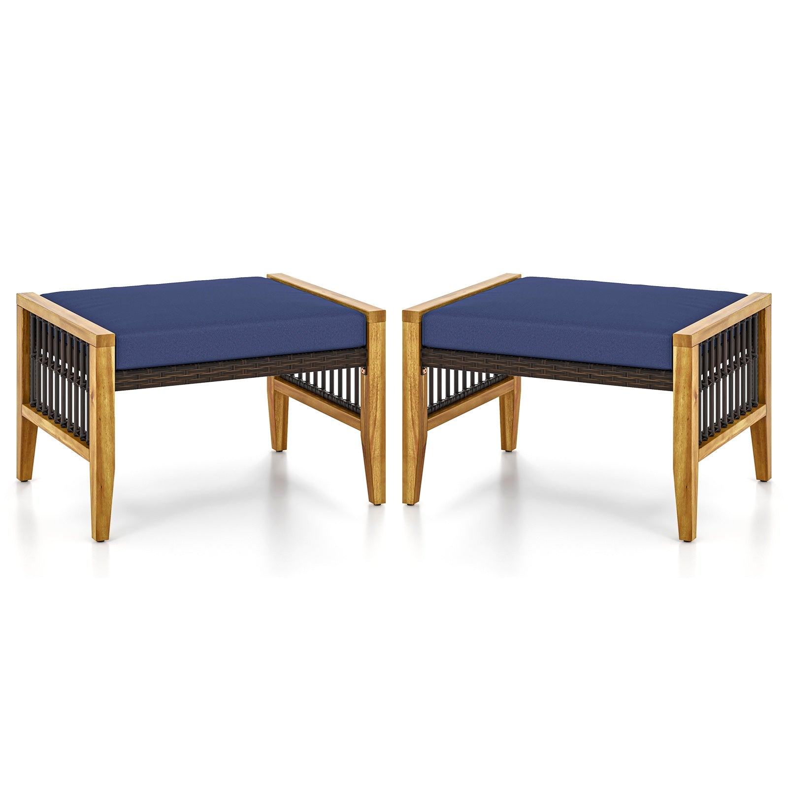 Acacia Wood Ottoman With Cushions, Rattan Woven Footstool, Navy Ottomans Navy at Gallery Canada