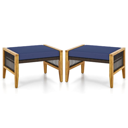 Acacia Wood Ottoman With Cushions, Rattan Woven Footstool, Navy Ottomans Navy at Gallery Canada