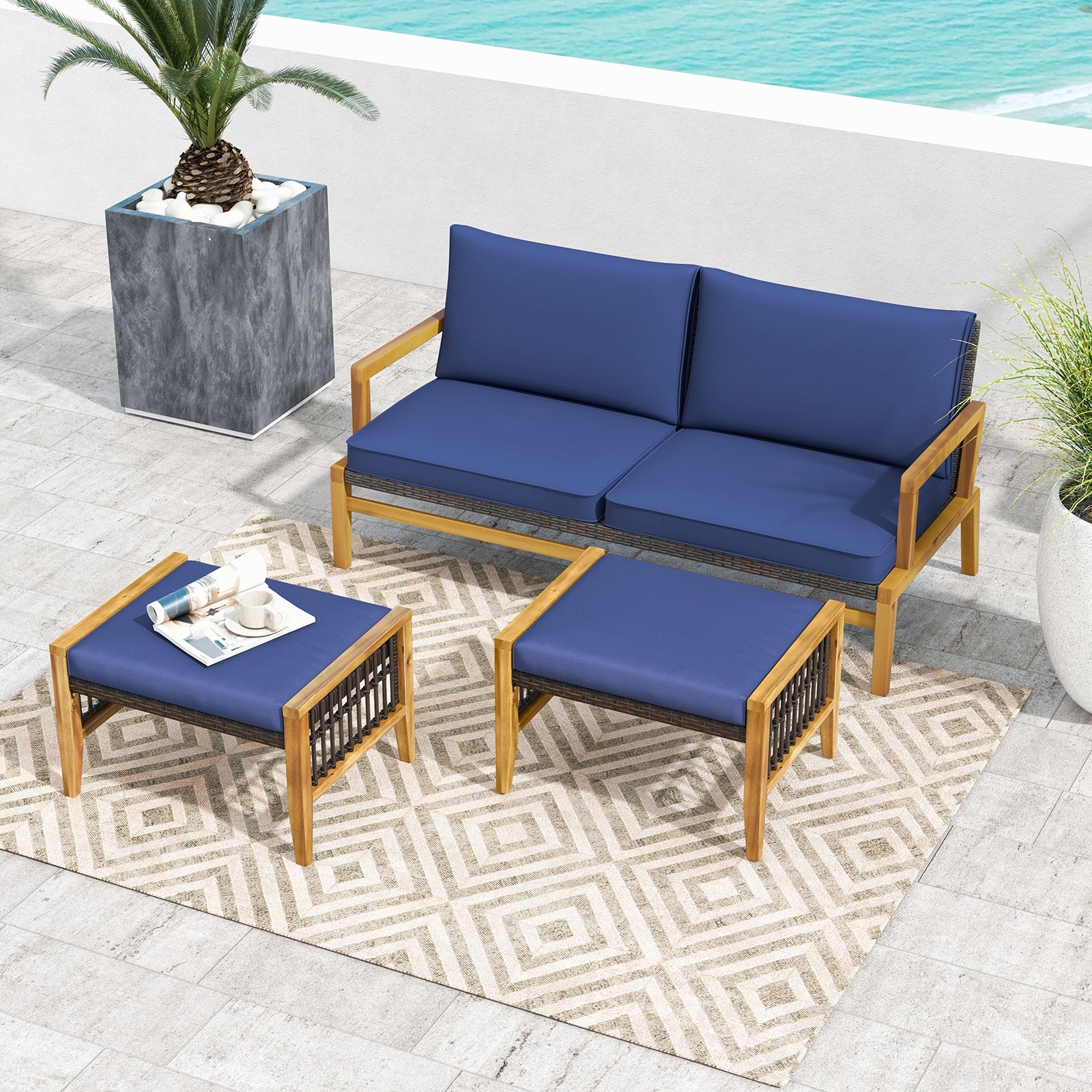 Acacia Wood Ottoman With Cushions, Rattan Woven Footstool, Navy Ottomans at Gallery Canada