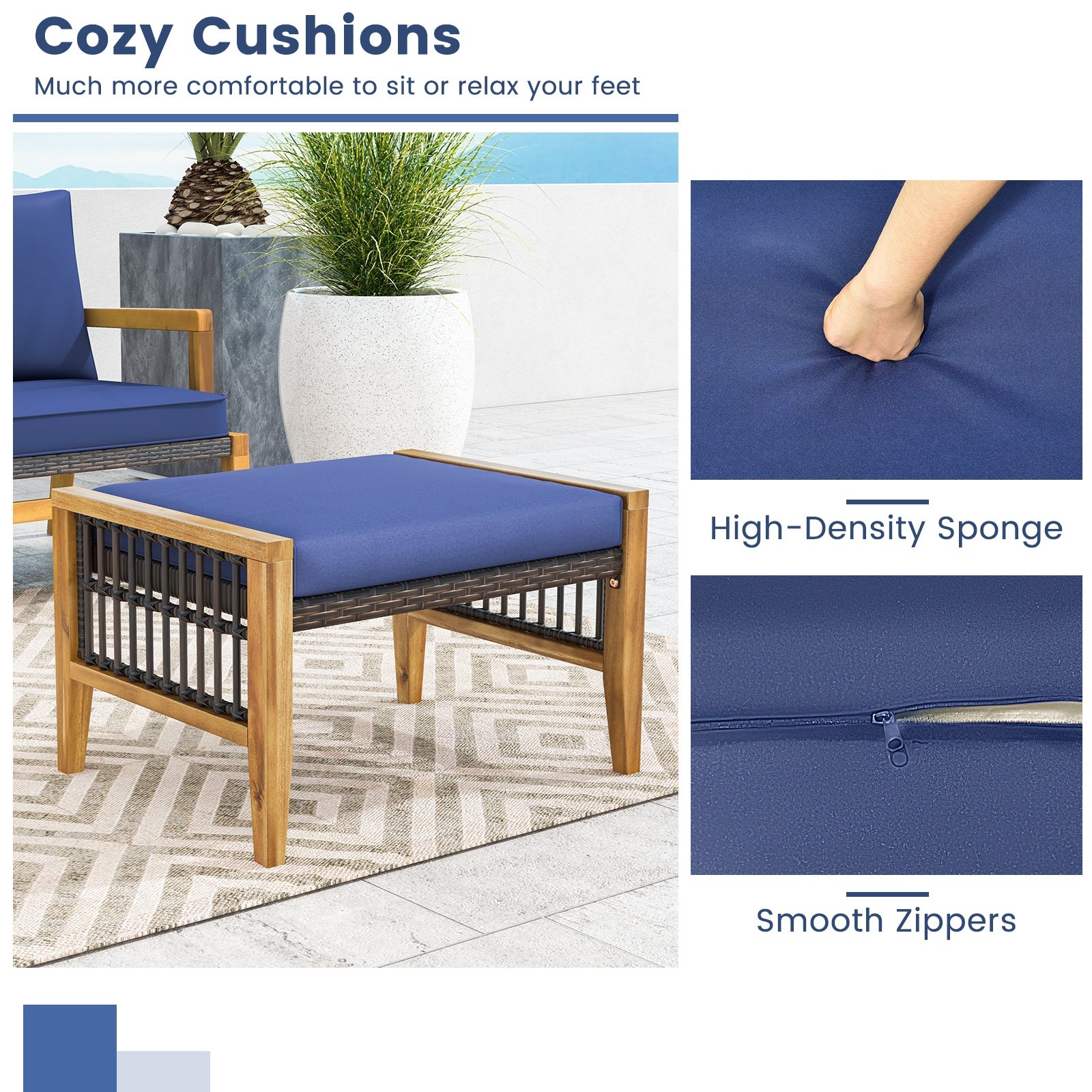 Acacia Wood Ottoman With Cushions, Rattan Woven Footstool, Navy Ottomans at Gallery Canada