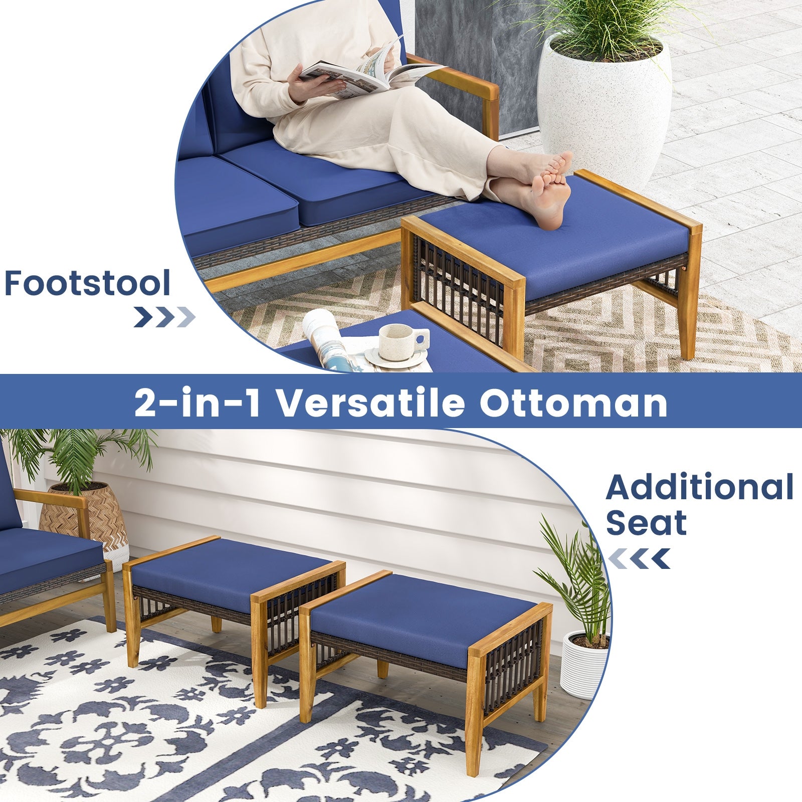 Acacia Wood Ottoman With Cushions, Rattan Woven Footstool, Navy Ottomans at Gallery Canada