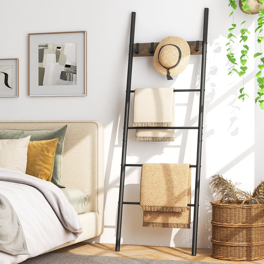 Wall Leaning Blanket Holder, 5 Removable Hooks, Brown Clothing & Closet Storage Rustic Brown at Gallery Canada