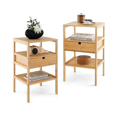 Bamboo End Table Set, 2 Open Shelves, Drawer, Natural