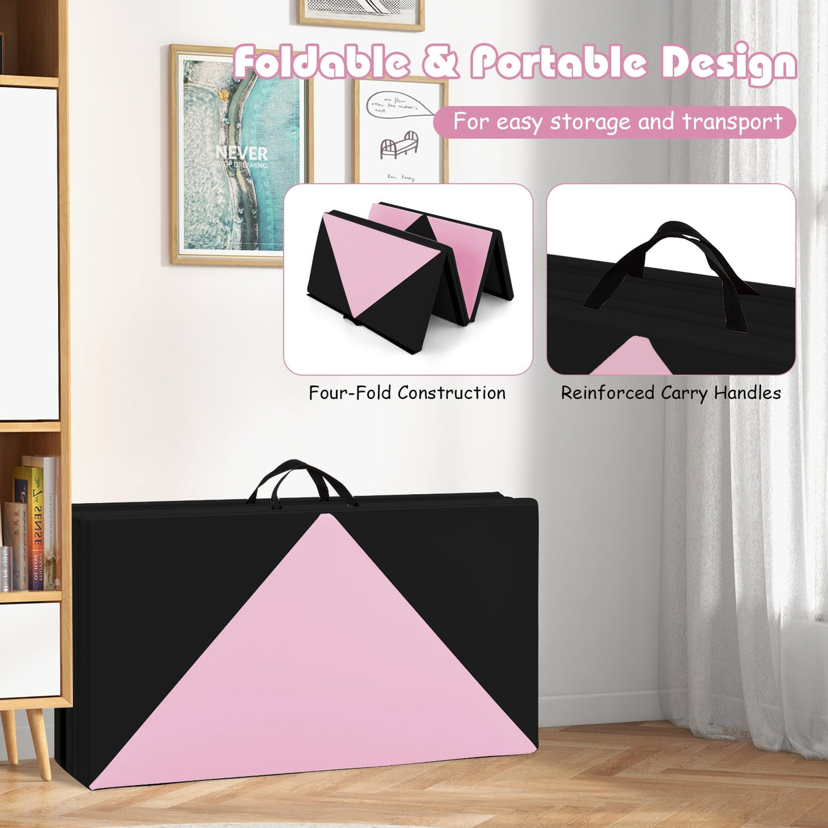 8 Feet PU Leather Folding Gymnastics Mat, Black, Pink Yoga & Gym Mats at Gallery Canada