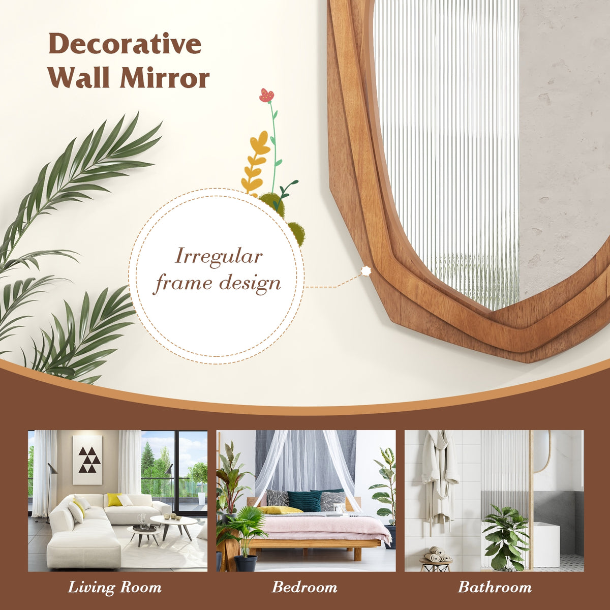Large Waterproof Irregular Framed Wall Mirror, Natural Wall Mirrors at Gallery Canada