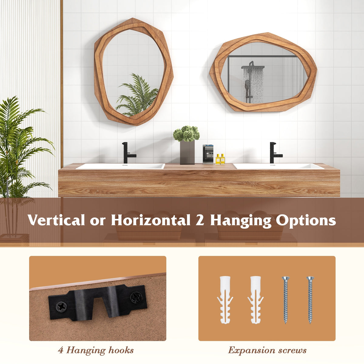 Large Waterproof Irregular Framed Wall Mirror, Natural Wall Mirrors at Gallery Canada
