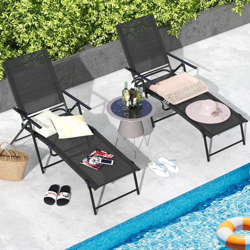 Folding Chaise Lounge Chair, 2 Piece, 6-Level Backrest, Black