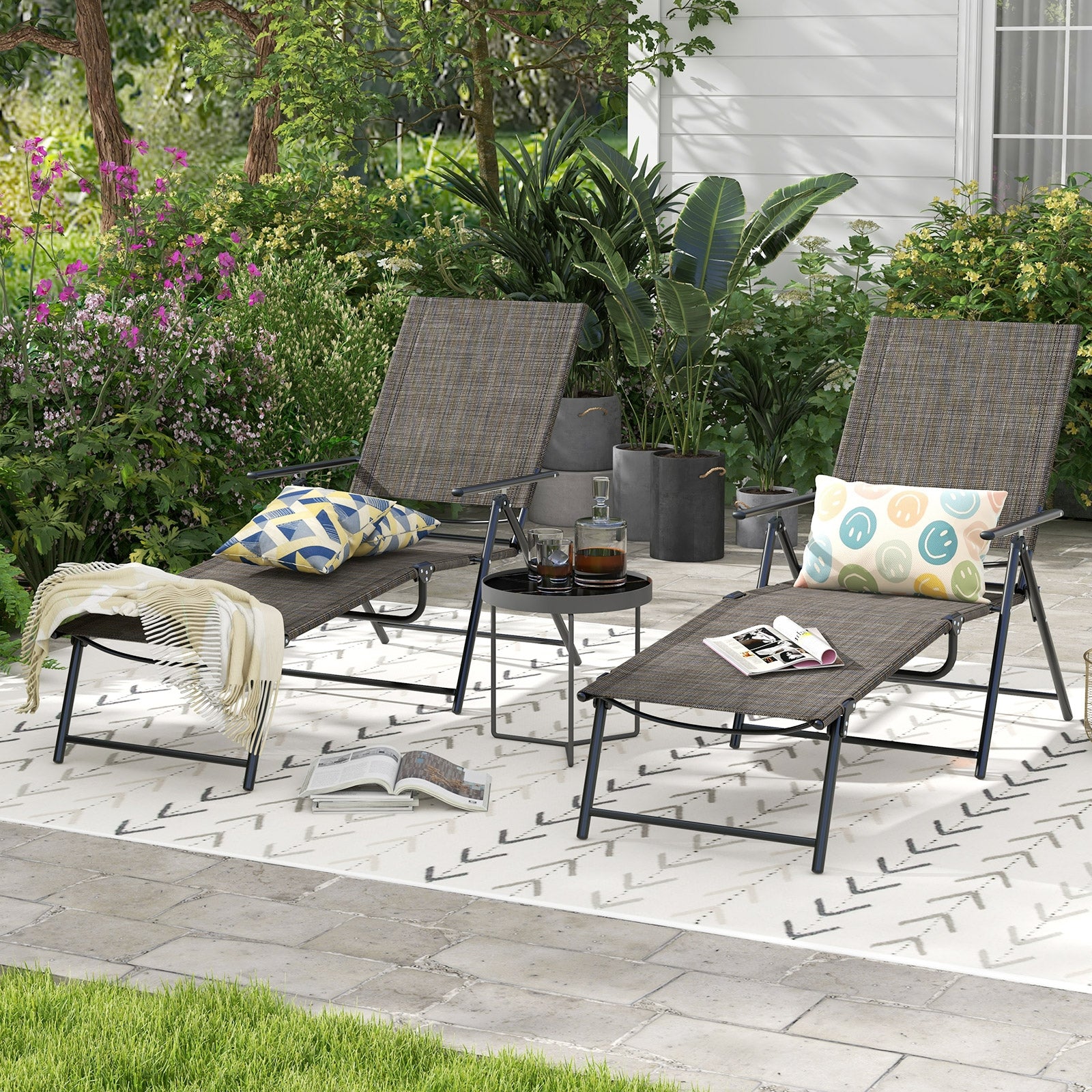 2 Piece Patio Folding Chaise Lounge Chairs, Recliner, 6-Level Backrest, Coffee Outdoor Chaise Lounges at Gallery Canada