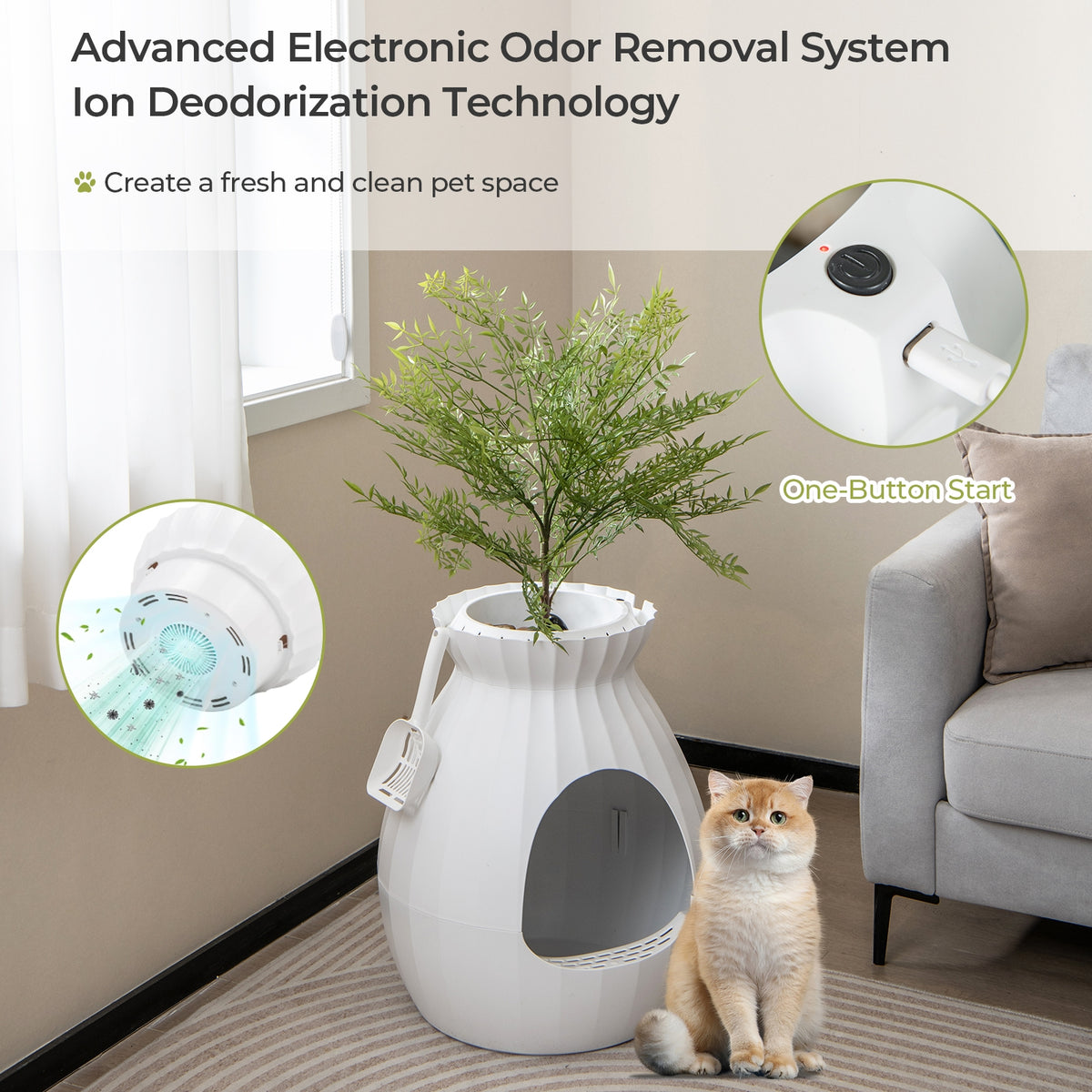 Smart Plant Cat Litter Box, Electronic Odor Removal, Sterilization, White Cat Supplies at Gallery Canada