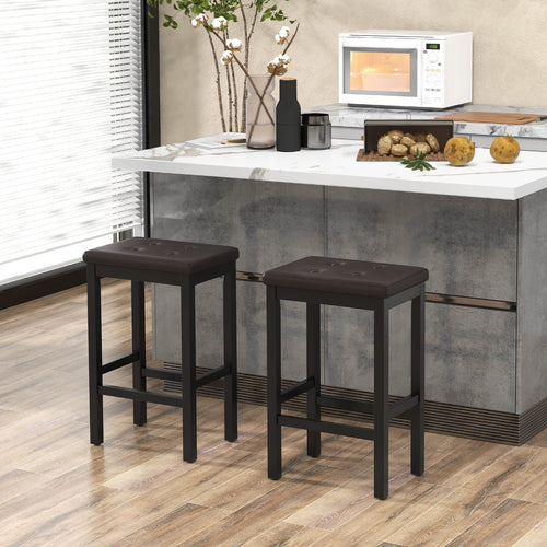 24 Inch Bar Stool, Padded Seat, Footrest, Rubber Wood Frame, Brown
