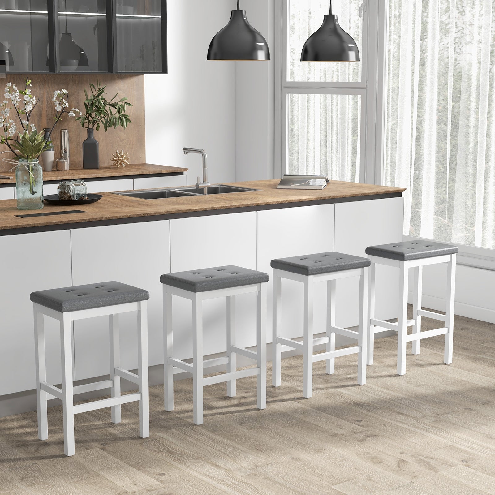 24 Inch Bar Stools, Padded Seat, Footrest, Rubber Wood Frame, White Bar Stools at Gallery Canada