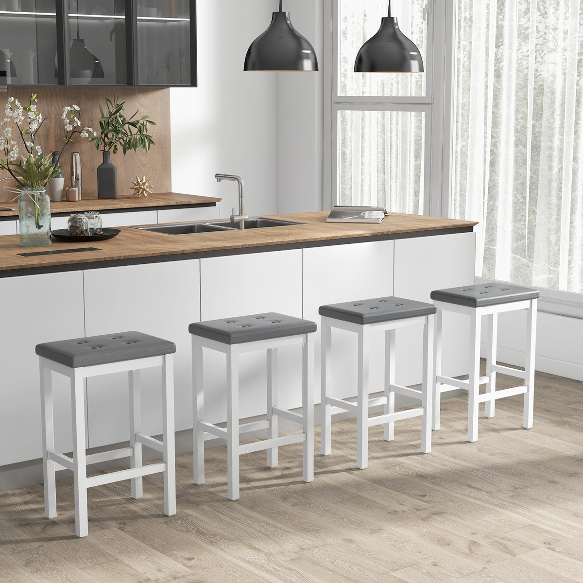 24 Inch Bar Stools, Padded Seat, Footrest, Rubber Wood Frame, White Bar Stools at Gallery Canada