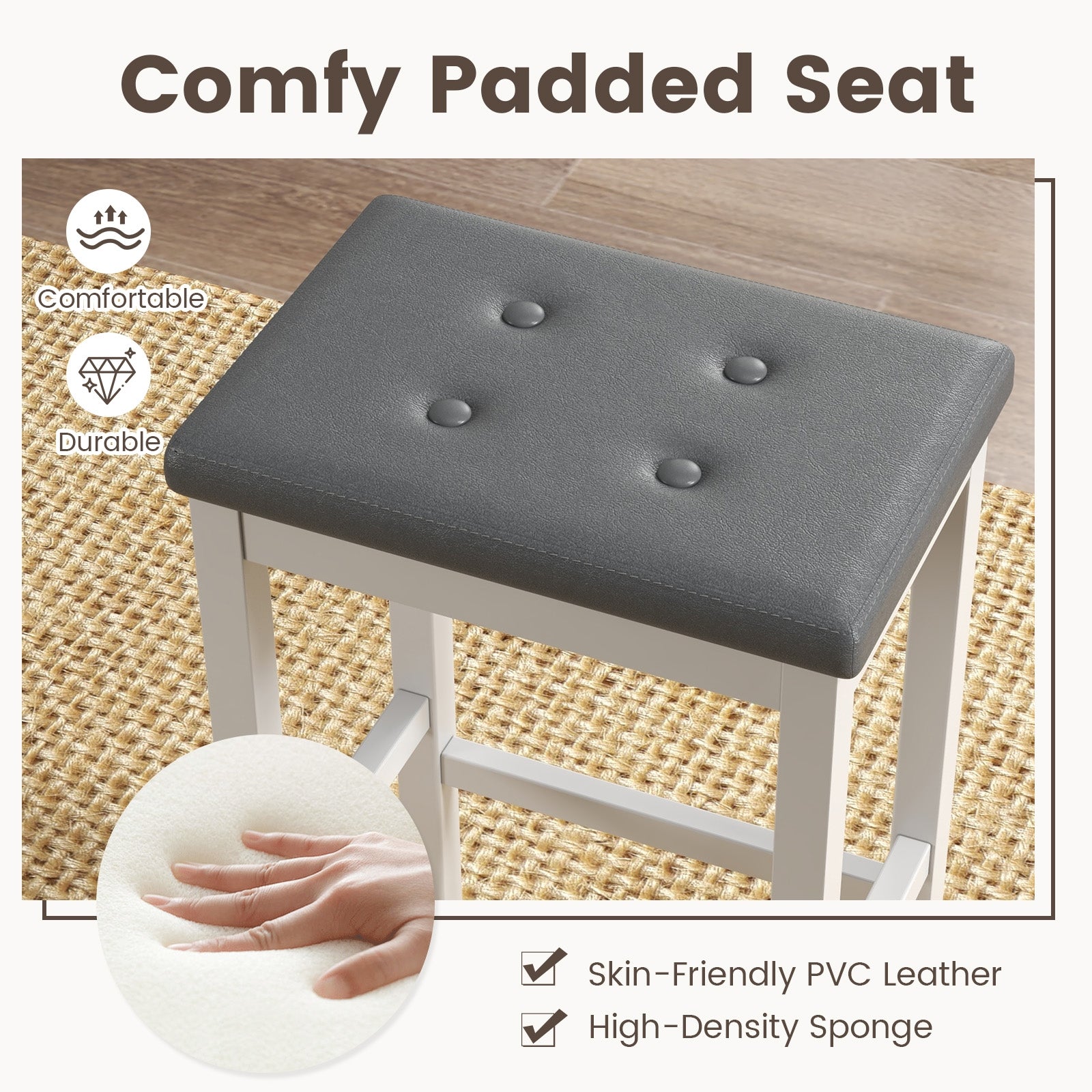 24 Inch Bar Stools, Padded Seat, Footrest, Rubber Wood Frame, White Bar Stools at Gallery Canada