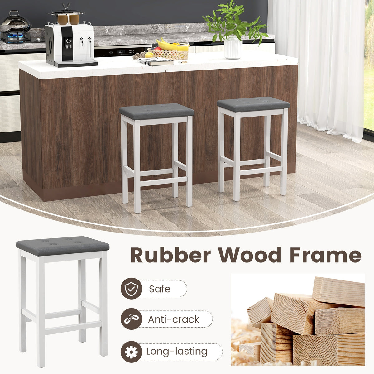 24 Inch Bar Stools, Padded Seat, Footrest, Rubber Wood Frame, White Bar Stools at Gallery Canada