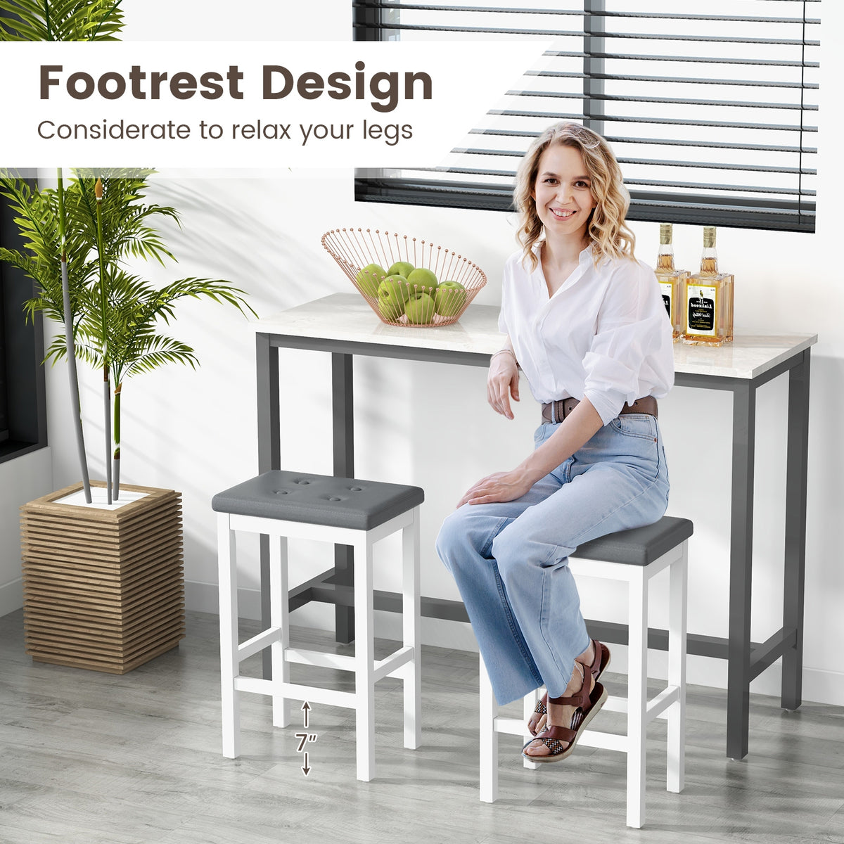 24 Inch Bar Stools, Padded Seat, Footrest, Rubber Wood Frame, White Bar Stools at Gallery Canada