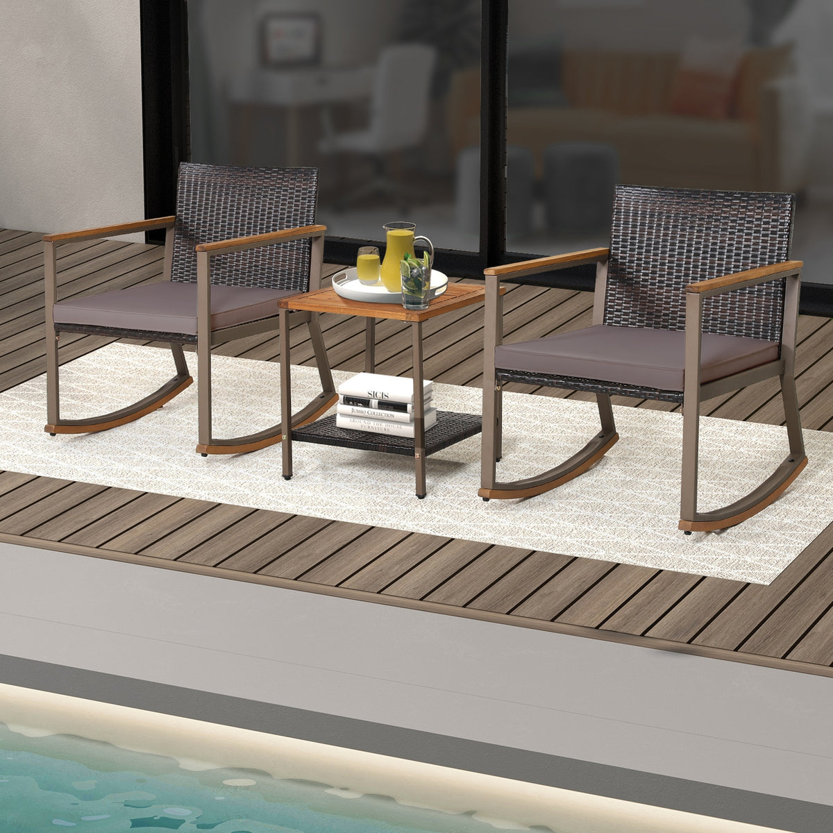 3-Piece Rattan Rocking Bistro Set, Coffee Table, Cushions, Gray Patio Conversation Sets at Gallery Canada