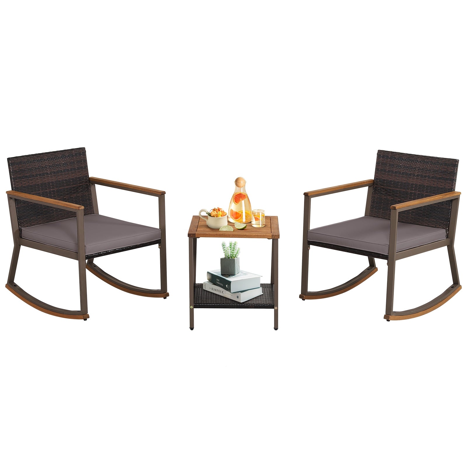 3-Piece Rattan Rocking Bistro Set, Coffee Table, Cushions, Gray Patio Conversation Sets at Gallery Canada