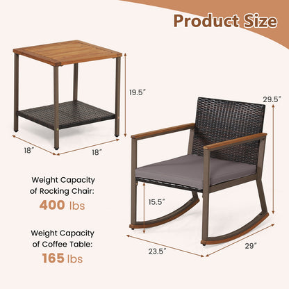3-Piece Rattan Rocking Bistro Set, Coffee Table, Cushions, Gray Patio Conversation Sets at Gallery Canada