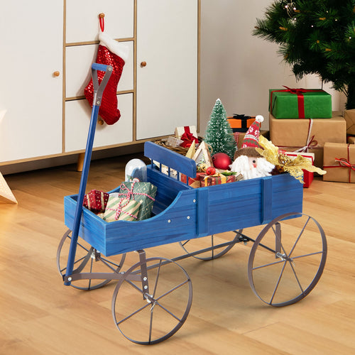 Wooden Wagon Plant Bed With Metal Wheels, Blue