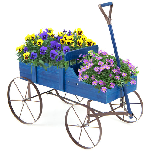 Wooden Wagon Plant Bed With Metal Wheels, Blue