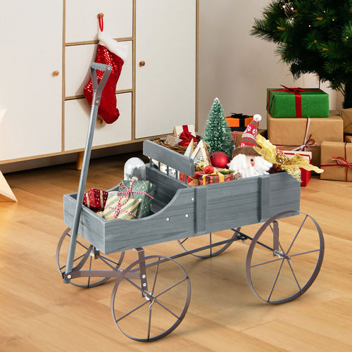Wooden Wagon Plant Bed With Metal Wheels, Gray