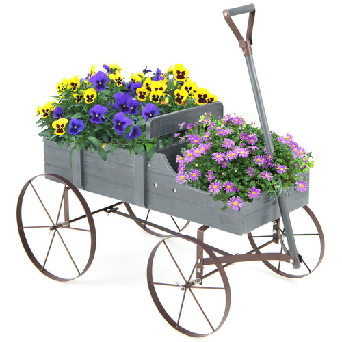 Wooden Wagon Plant Bed With Metal Wheels, Gray