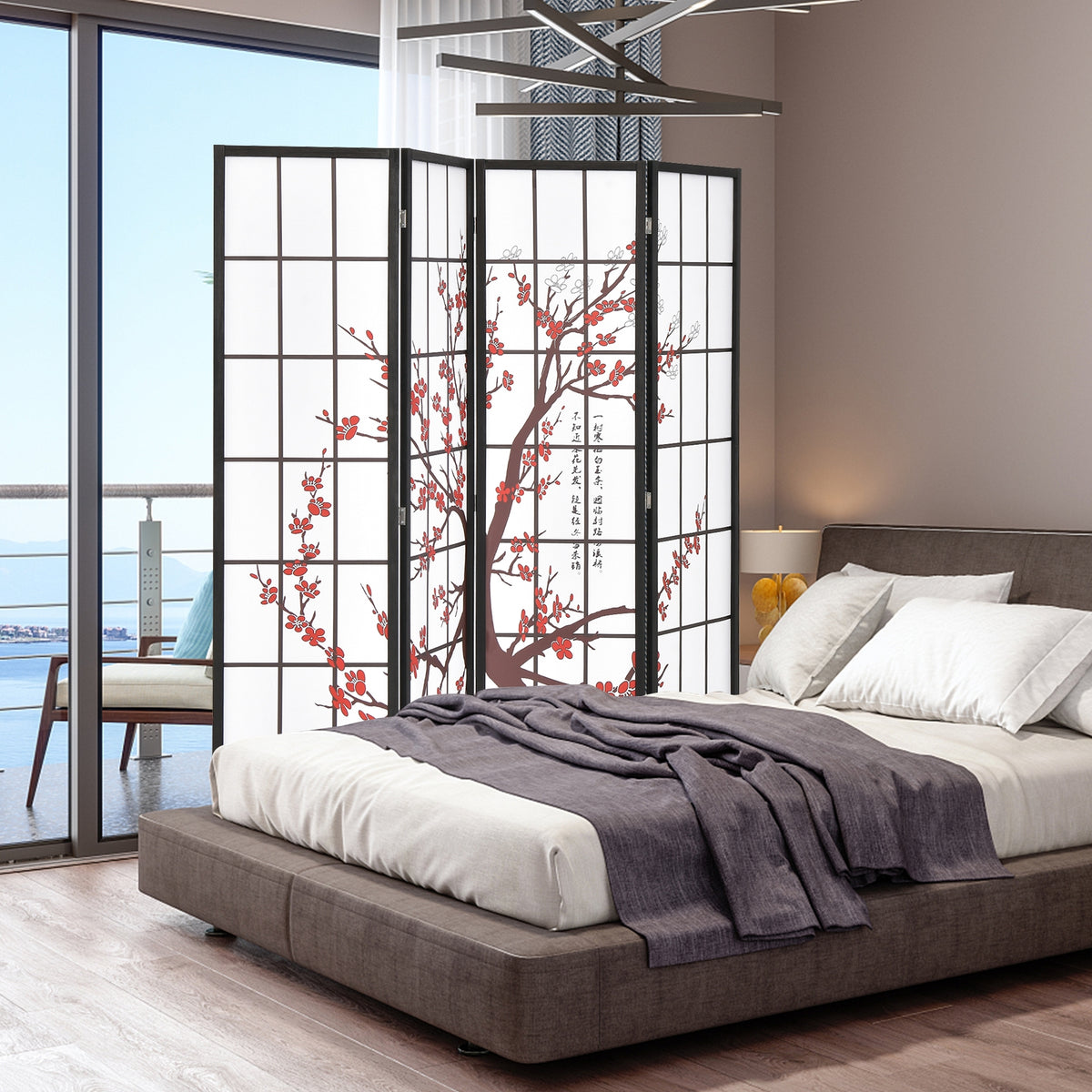6 Feet Folding Privacy Screen, Plum Blossom Design, White Room Dividers at Gallery Canada