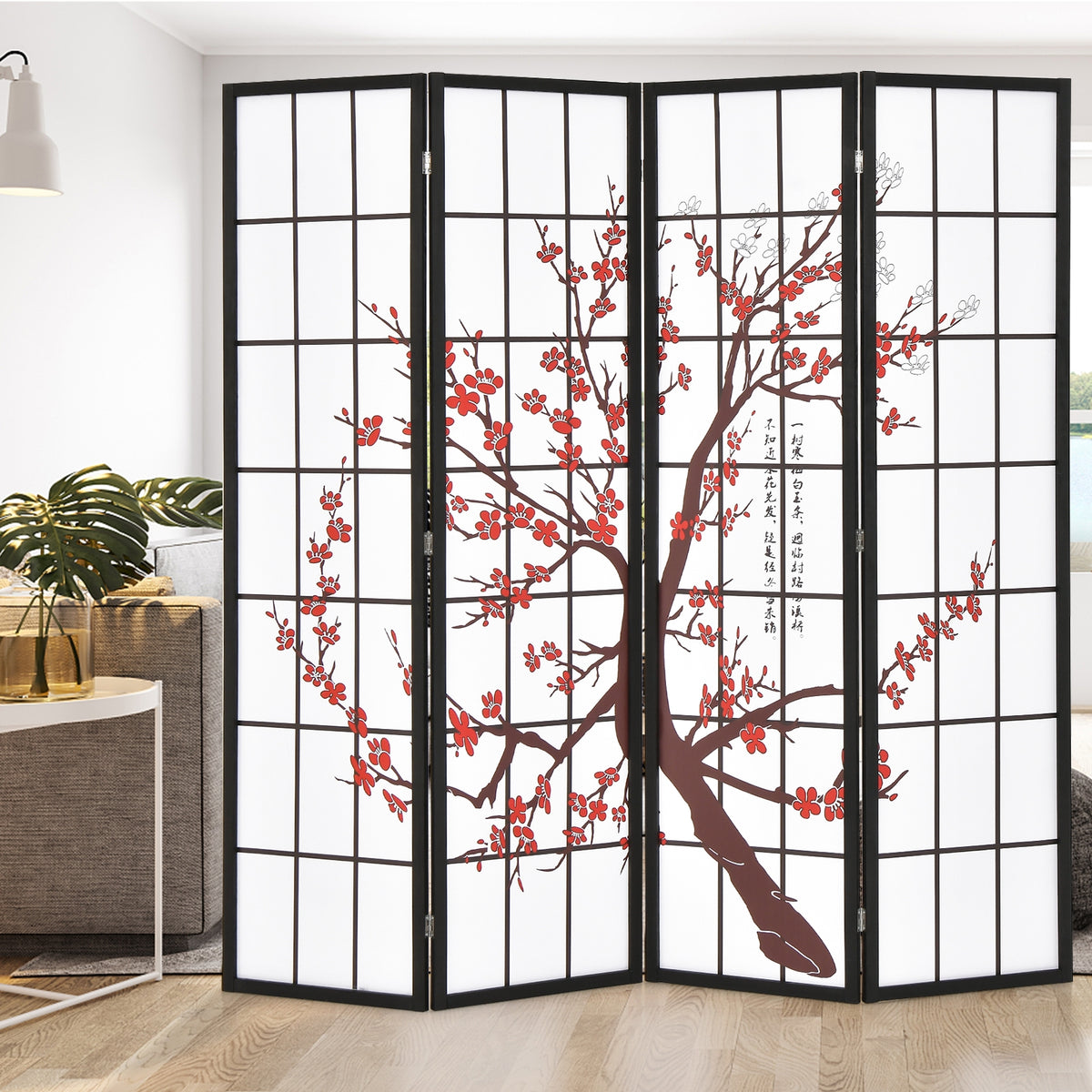 6 Feet Folding Privacy Screen, Plum Blossom Design, White Room Dividers at Gallery Canada