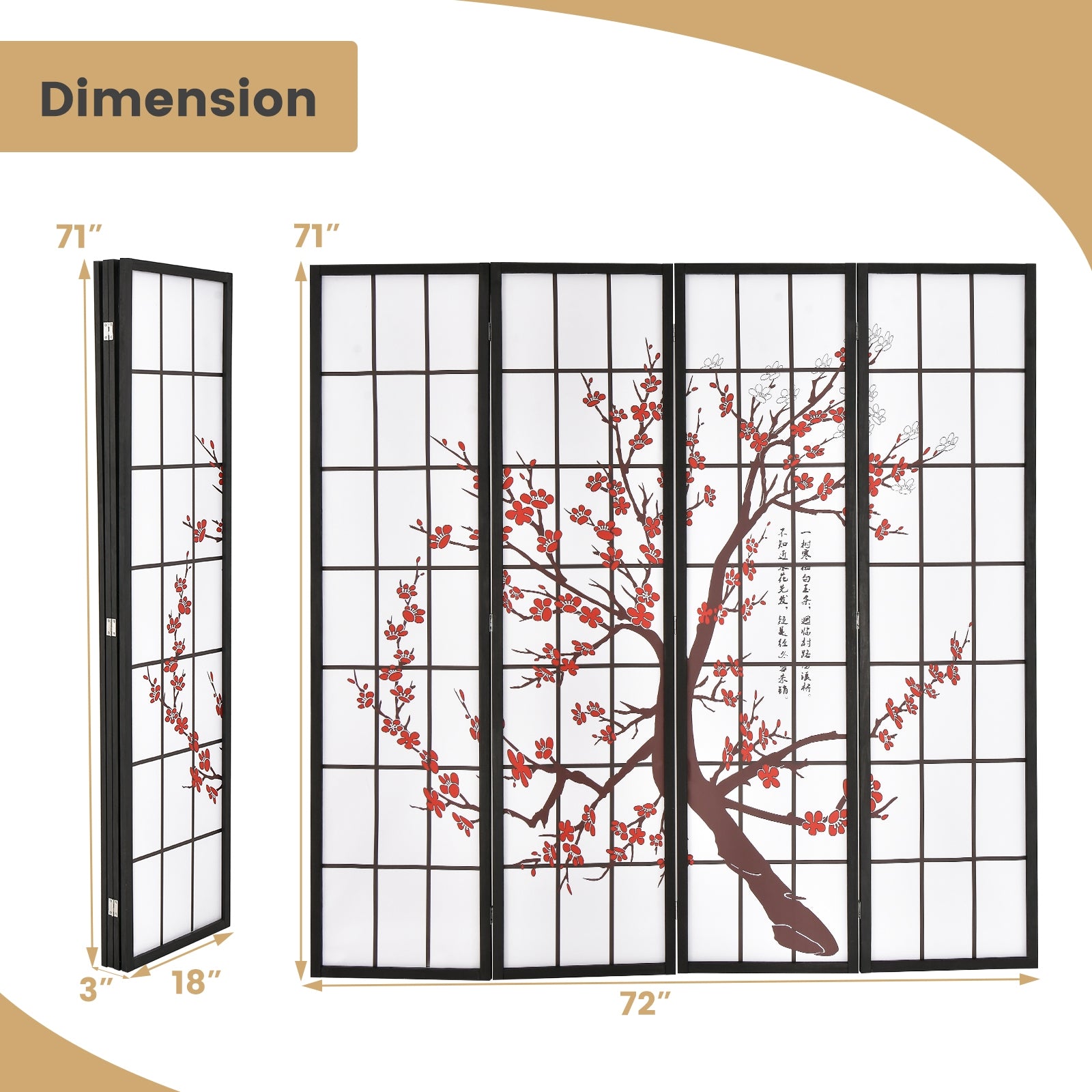 6 Feet Folding Privacy Screen, Plum Blossom Design, White Room Dividers at Gallery Canada