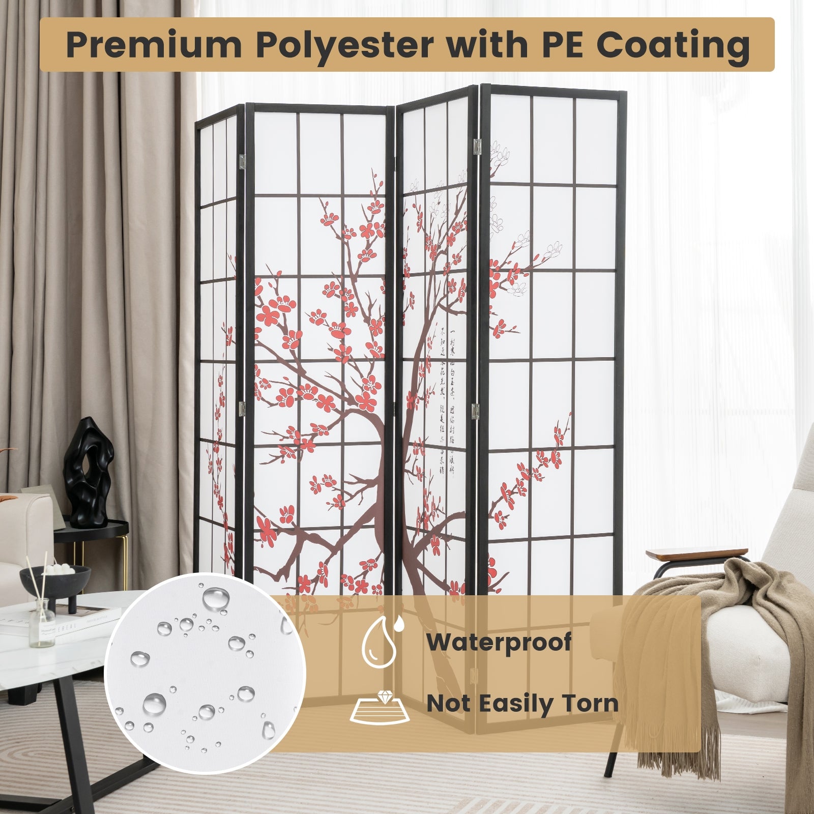 6 Feet Folding Privacy Screen, Plum Blossom Design, White Room Dividers at Gallery Canada