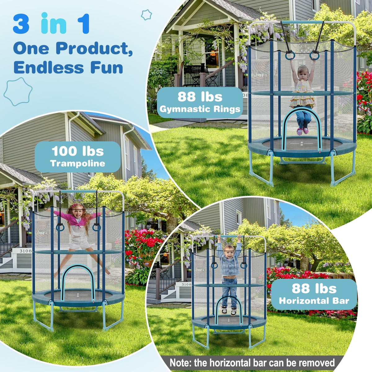 60 Inch Trampoline With Gymnastic Bar And Rings, Blue Trampolines at Gallery Canada