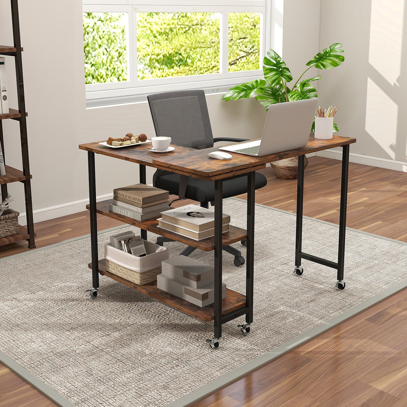 360° Rotating Side Table, 2-Tier Storage Shelves, Rustic Brown L-Shaped Desks at Gallery Canada