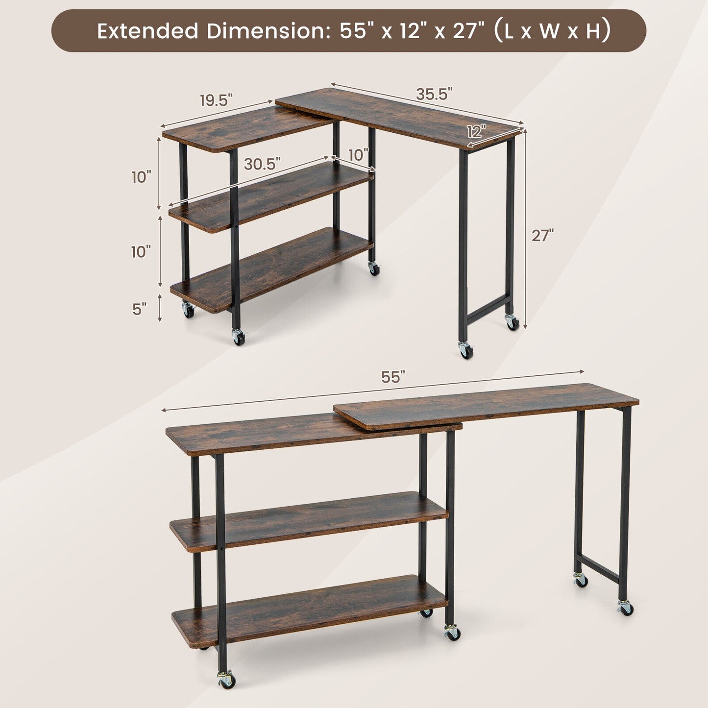 360° Rotating Side Table, 2-Tier Storage Shelves, Rustic Brown L-Shaped Desks at Gallery Canada