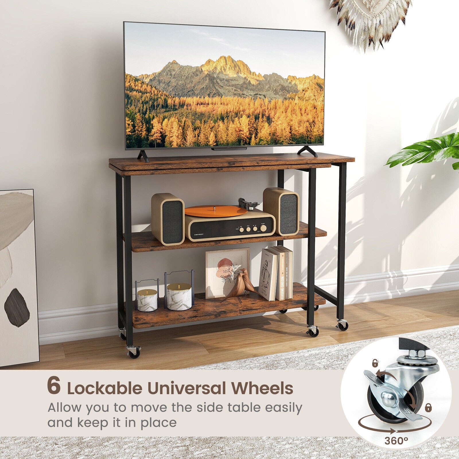 360° Rotating Side Table, 2-Tier Storage Shelves, Rustic Brown L-Shaped Desks at Gallery Canada