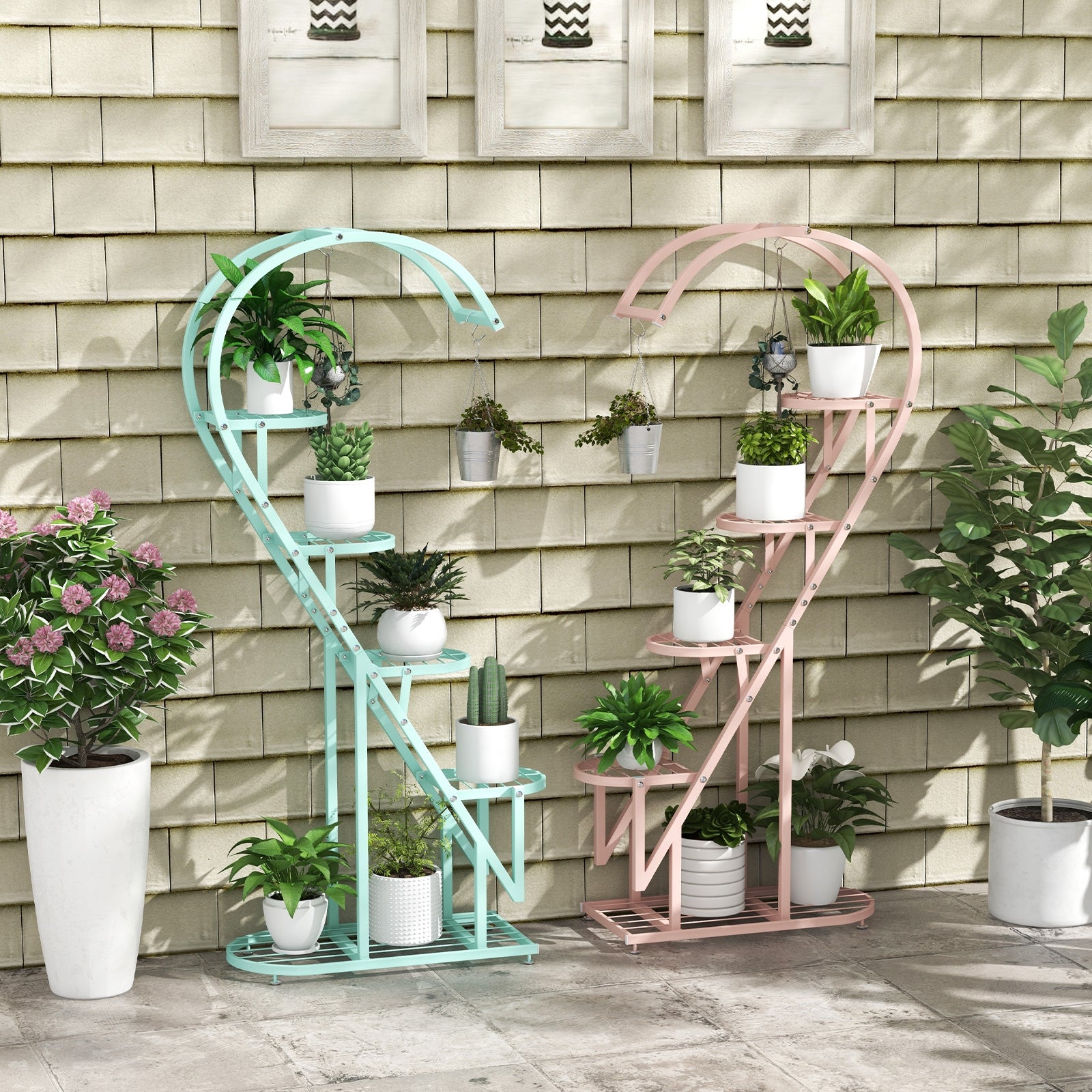 5 Tier Metal Plant Stand With Hanging Hook, Blue, Pink Plant Stands at Gallery Canada