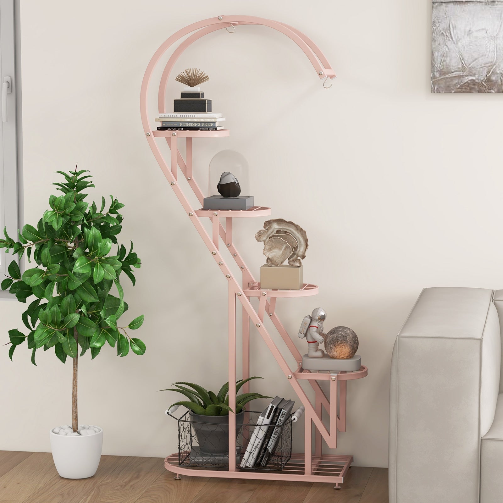 5 Tier Metal Plant Stand With Hanging Hook, Blue, Pink Plant Stands at Gallery Canada