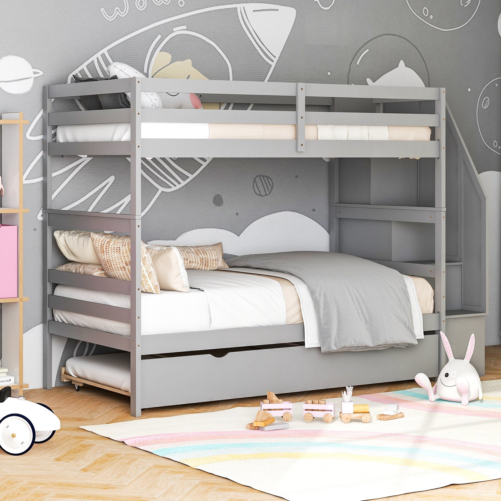 Wood Bunk Bed with Guard Rail, Storage Stairs, Gray Bunk Bed Frame at Gallery Canada