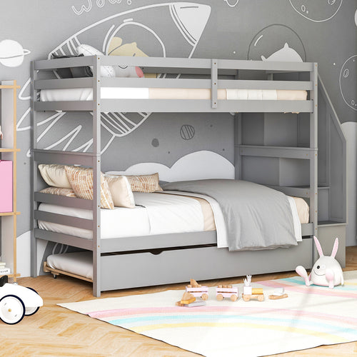 Wood Bunk Bed with Guard Rail, Storage Stairs, Gray
