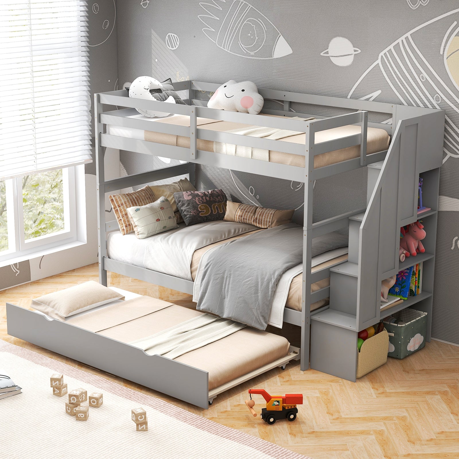 Wood Bunk Bed with Guard Rail, Storage Stairs, Gray Bunk Bed Frame at Gallery Canada