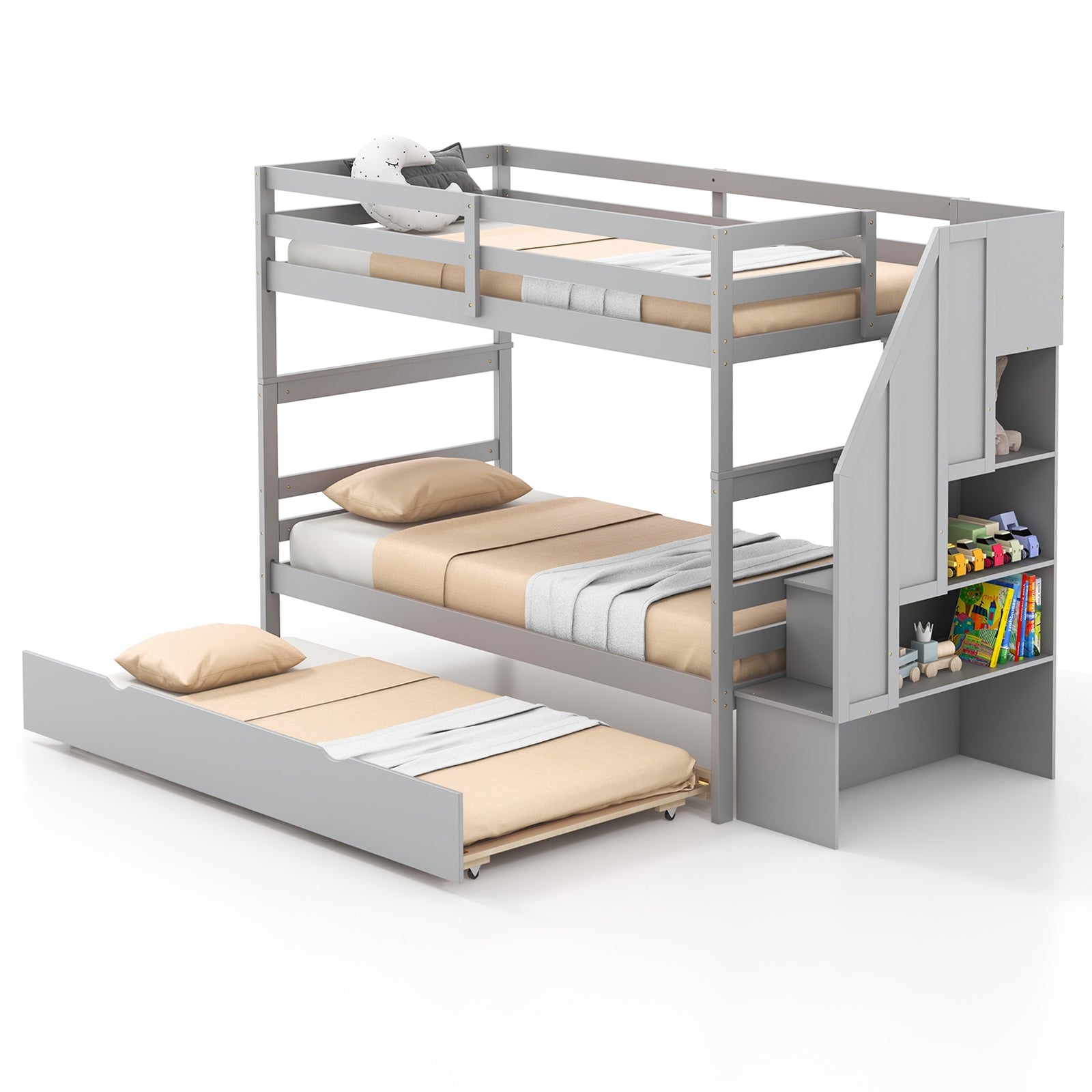 Wood Bunk Bed with Guard Rail, Storage Stairs, Gray Bunk Bed Frame Gray at Gallery Canada
