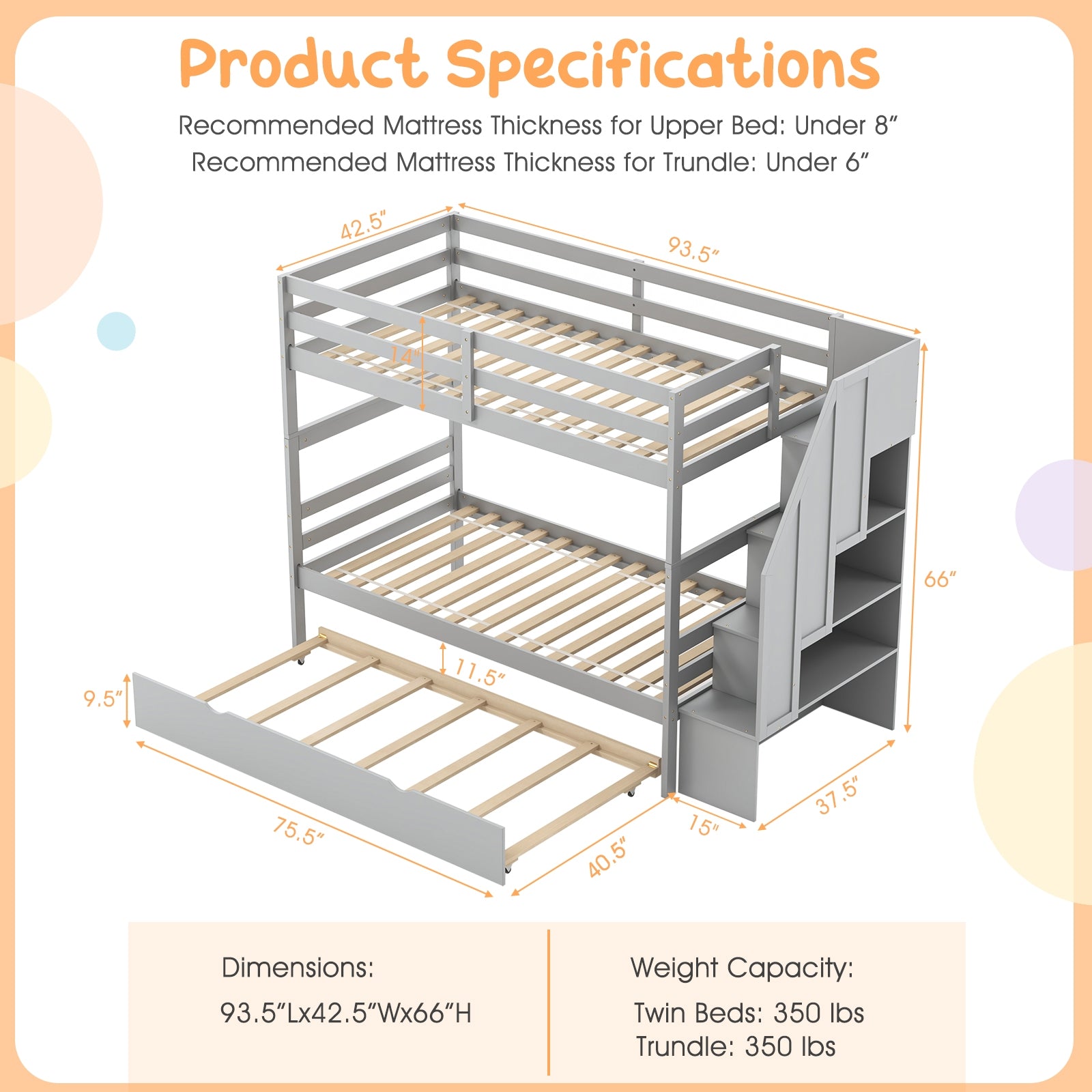 Wood Bunk Bed with Guard Rail, Storage Stairs, Gray Bunk Bed Frame at Gallery Canada
