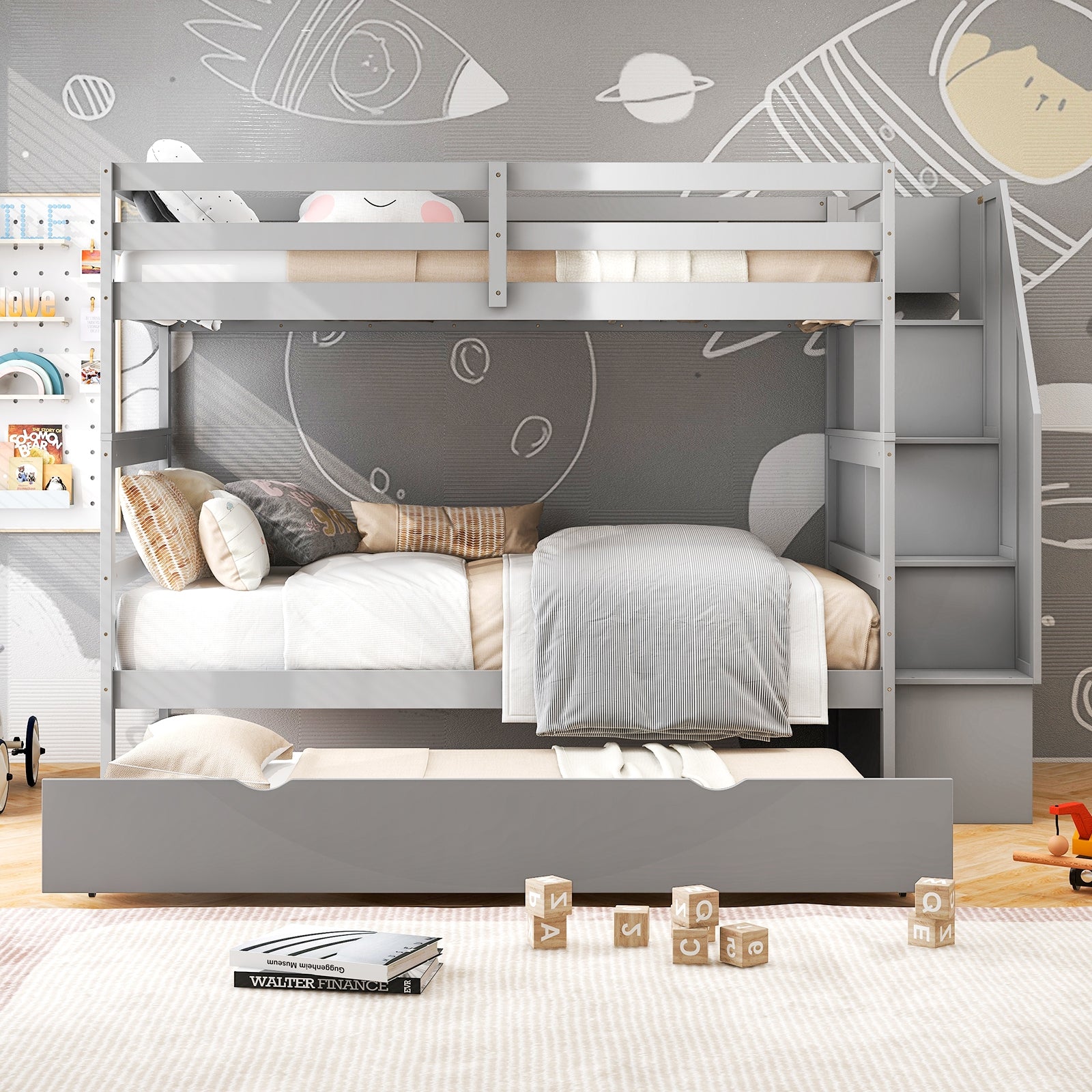 Wood Bunk Bed with Guard Rail, Storage Stairs, Gray Bunk Bed Frame at Gallery Canada