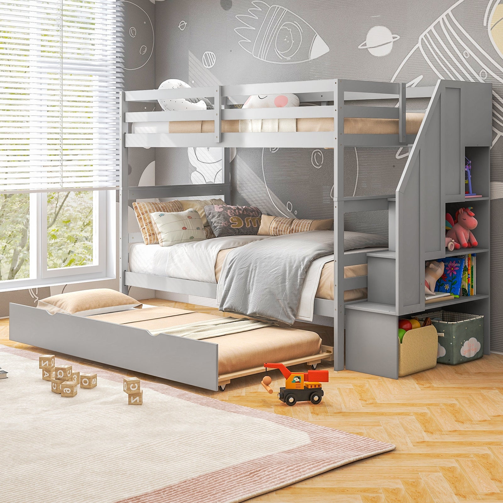 Wood Bunk Bed with Guard Rail, Storage Stairs, Gray Bunk Bed Frame at Gallery Canada