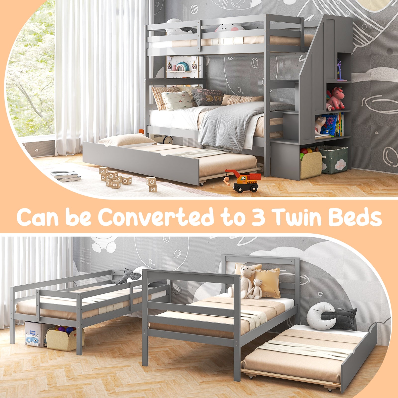 Wood Bunk Bed with Guard Rail, Storage Stairs, Gray Bunk Bed Frame at Gallery Canada