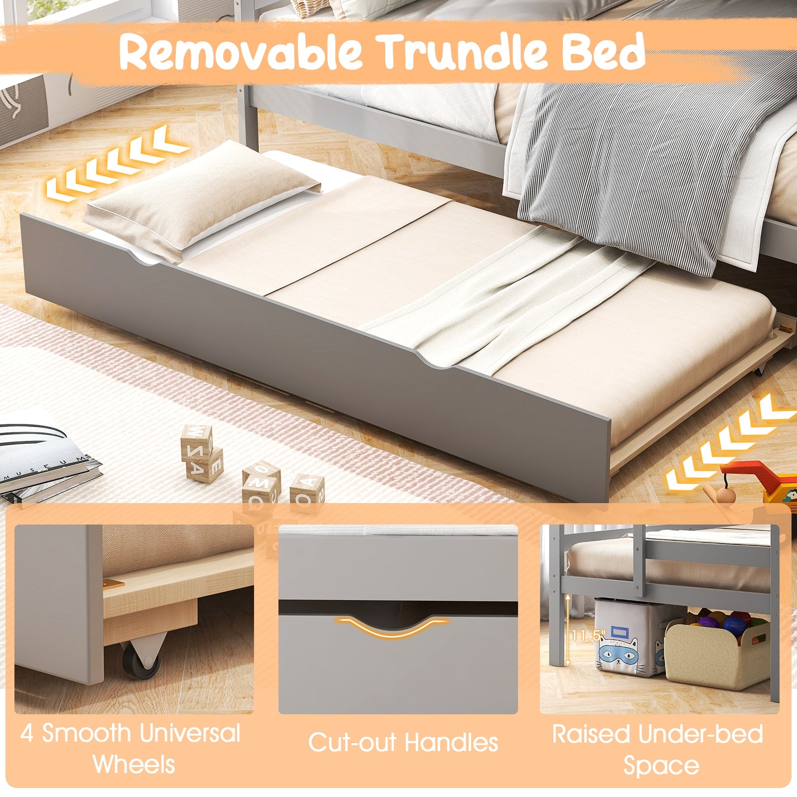 Wood Bunk Bed with Guard Rail, Storage Stairs, Gray Bunk Bed Frame at Gallery Canada
