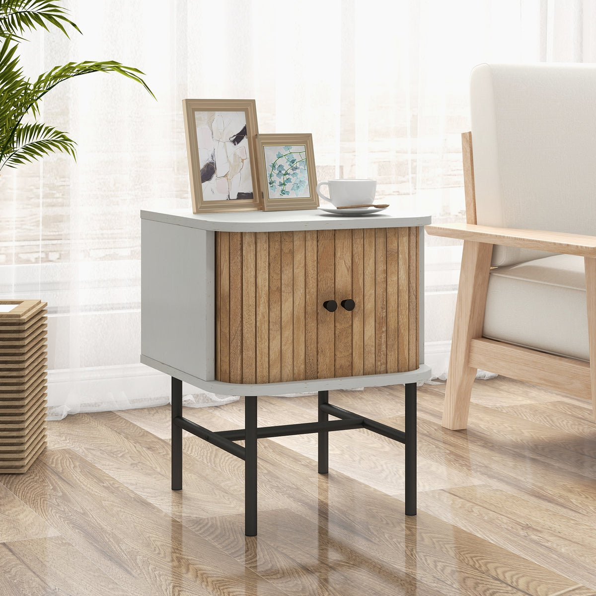 Mid-Century Modern Nightstand With Sliding Doors, Storage Cabinet, White Nightstands at Gallery Canada
